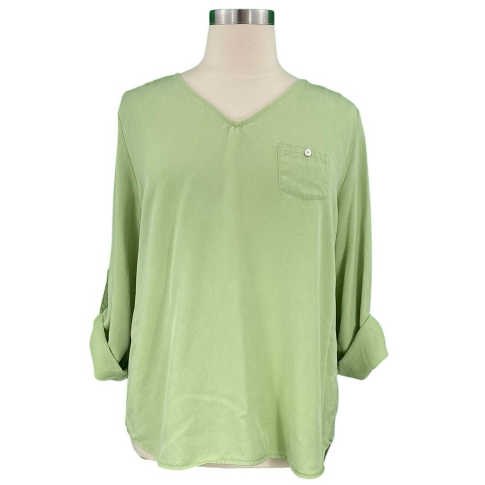 Soft Surroundings Lime Green 100% Tencel Casual Roll Sleeve Pullover Tunic Top